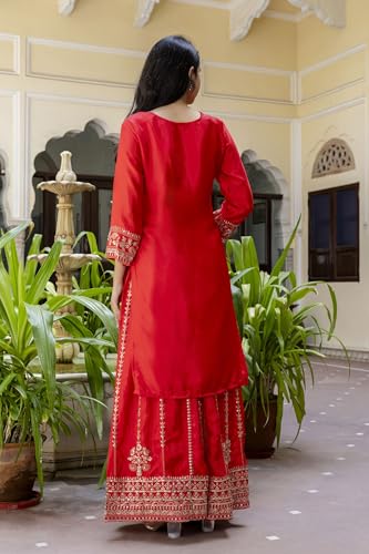 Leeli Peeri Designer Women's Chinon Silk Embroidery Kurta Sharara Set With Dupatta