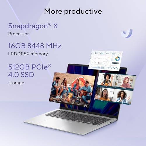 ASUS Vivobook 16, Snapdragon X, 16GB RAM, 512GB SSD, FHD+ 16", Windows 11, Office Home 2024, Cool Silver, 1.88kg, X1607QA-MB050WS, Qualcomm Adreno iGPU, 45TOPS, M365 Basic(1Year)* Laptop