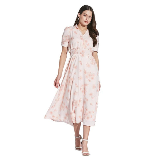 Latin Quarters Women Pink Shirt Collar Half Sleeve Floral Dress_L