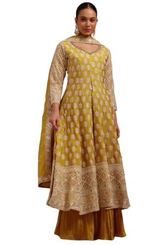 Soch Womens Mustard Chinon Embroidered Suit Set With Sequins