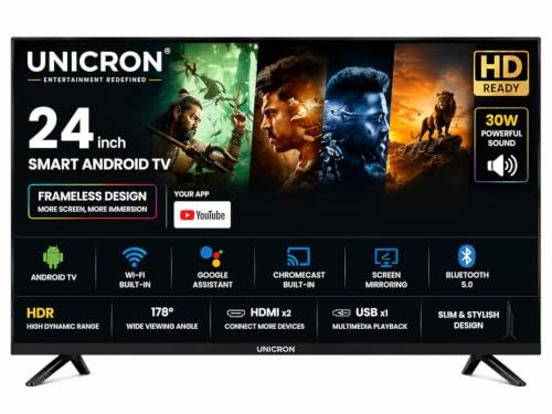 UNICRON 24”INCH Frameless HD Ready Android Smart LED TV | WiFi Enabled | Built-in Apps Compatible (YouTube, Netflix, Prime Video) | HDMI, USB Connectivity More