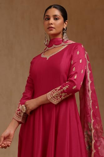 Soch Womens Fuchsia Dola Silk Embroidered Suit Set With Thread Work