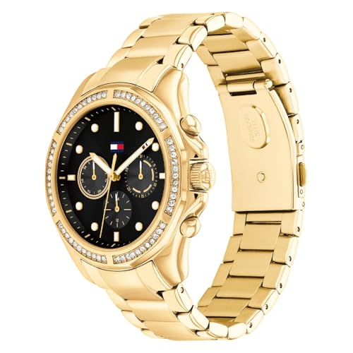 Tommy Hillfiger Brooklyn Quartz Multifunction Black Dial Gold Stainless Steel Strap Watch for Women
