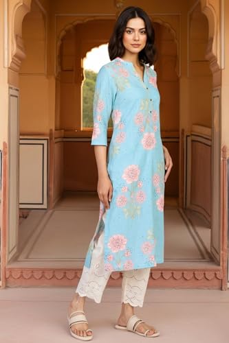 W for Woman Floral Print Straight Rayon Kurta - Blue (W13511-127087-L)