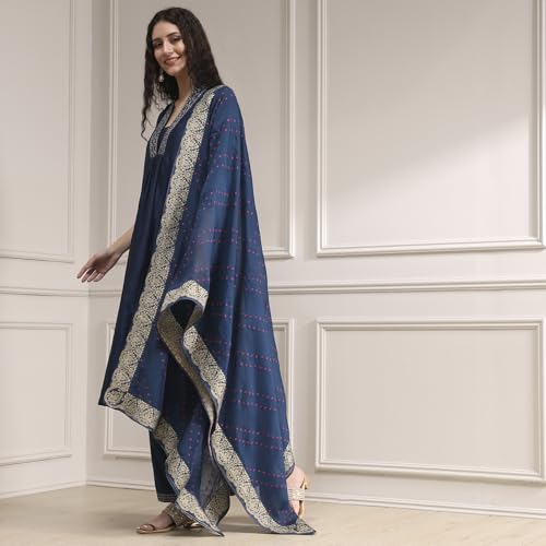 Biba Women Blue Chanderi Gathered Dyed Kurta Set_38
