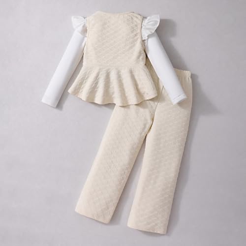 Hopscotch Girls Full Sleeves Beige 3-Pc Tulip Applique Ruffled Pant Set For Ages (4-5 Years)