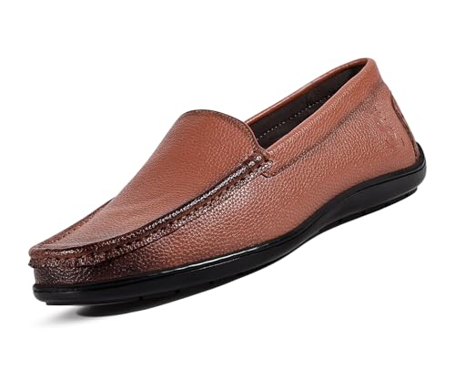 LOUIS STITCH Men's Russet Tan Slip-On Loafers | Ultra Lightweight Slip-On Solid Formal Shoes for Men | Loafers with All-Day Comfort | LSFLPDMPUTN | UK-9