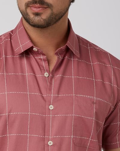 MUFTI Men Casual Shirt | Slim Fit Half Sleeve Spread Collar Checkered Design | 100% Cotton Breathable Fabric for Smart Casual & Everyday Wear| Muted Rose Pink 6XL