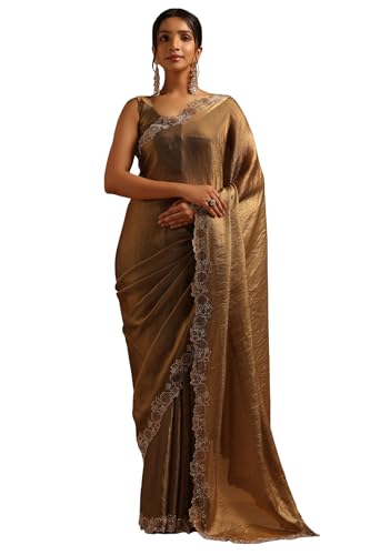 Soch Womens Olive Fendy Organza Saree With Swarovski Stone