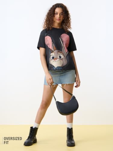 The Souled Store Disney: Judy Hopps Women and Girls Short Sleeve Round Neck Charcoal Grey Graphic Printed Cotton Oversized Breathable Fabric Casual Streetwear T-Shirts