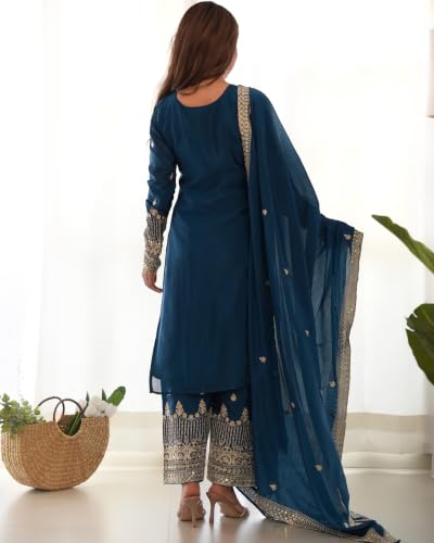 Leeli Peeri Designer Women's Chinon Silk Embroidery Work Straight Kurta Set With Dupatta.