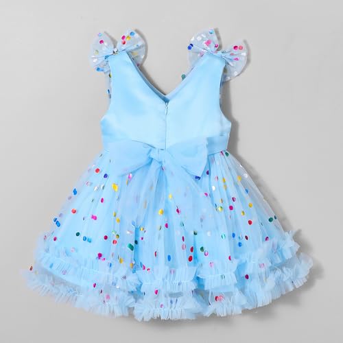 Hopscotch Girls Blue Sleeveless Polka Dot Bow Applique Dress for Age (3-4 Years)