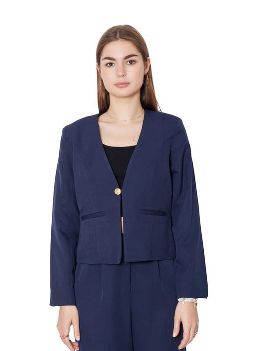 Zink London Women's Navy Blue Solid Fitted Blazer
