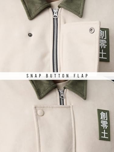 The Souled Store Kanji Men and Boys Full Sleeves Spread Collar Light Beige and Olive Green Colour-Block Polyester Lightweight Everyday Winter Oversized Jacket