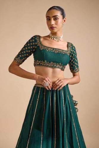 JIHU CULTURE Dark Green Vichitra Silk Sequence Embroidery Work Semi- Sttiched Lehenga Choli Set For Women's-JH254GRN