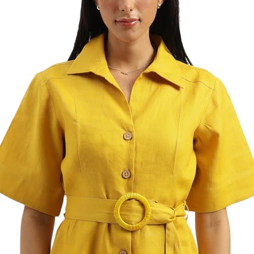 UNITED COLORS OF BENETTON Shirt Collar Solid A-Line Dress (Size: S)-25P4WVNDR150I901 Yellow
