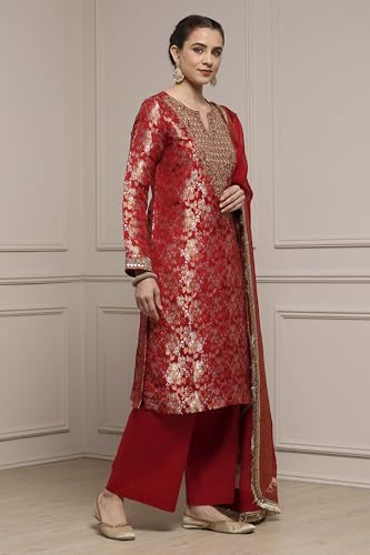 Biba Women Red Viscose Rayon Straight Yarndyed Suit Set_36