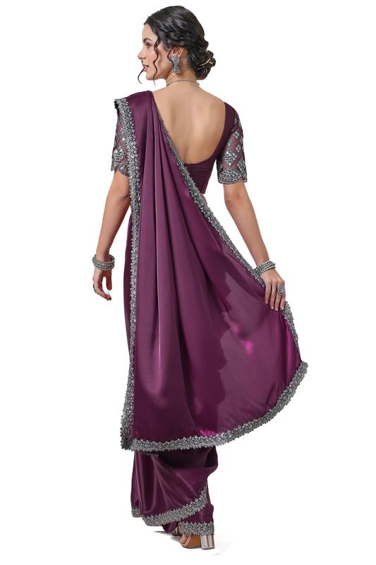 Soch Womens Wine Organza Saree with Embellished Lace Border