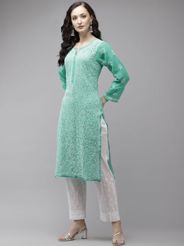 Ada Georgette Kurta with Palazzo for Women Lucknowi Chikan Hand Embroidered Kurti Set A811215 Sea Green (L)