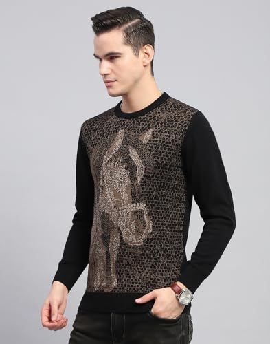 Monte Carlo Mens Black Self Design Round Neck Full Sleeve Pullover - 1243242RN-1-42