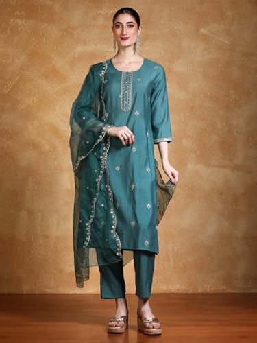 Varanga Women Women Thread & Sequin Embroidered Yoke Kurta With Trouser & Dupatta