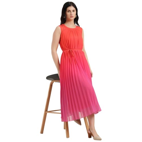 United Colors of Benetton Regular Fit Round Neck Ombre Pleated Dress (Size : L) - 26P4WVNDR328I901 Red