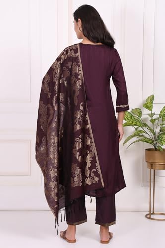 W for Woman Maroon Embroidered Silk Straight Kurta, Pants and Dupatta Set - (WS13298-224278-M)