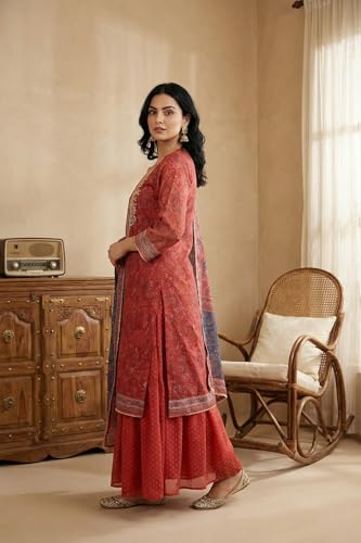 W for Woman Red Zari Embroidered Paisley Printed Chanderi Straight Kurta with Sharara and Dupatta Set - (WS14006-127292-L)