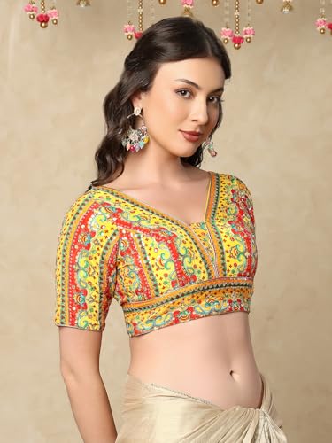 Yellow Silk V-Neck Embroidered Readymade Saree Blouse