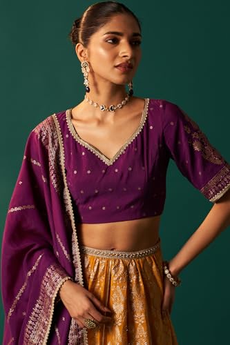 Wishful Women's Purple Embroidered Chanderi Jacquard Blouse with Flared Skirt and Dupatta Set (SP13161-314465-S)