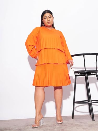 Sassafras Curve Women's Heavy Georgette Above The Knee Tiered Skater Dress (SFDRSS12182_Orange_4XL)