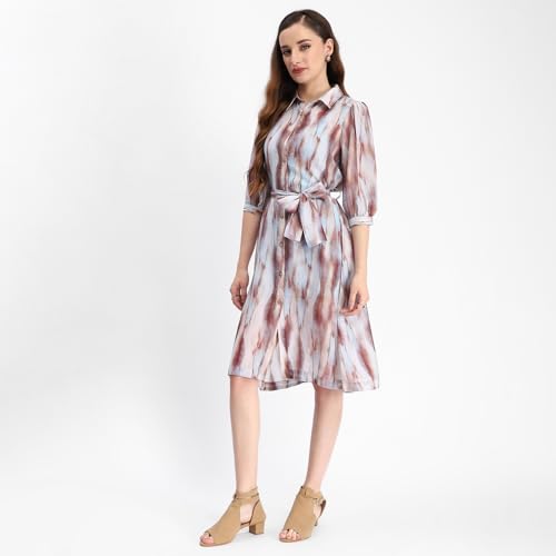 Madame Blue Abstract Print Belted A Line Midi Dress