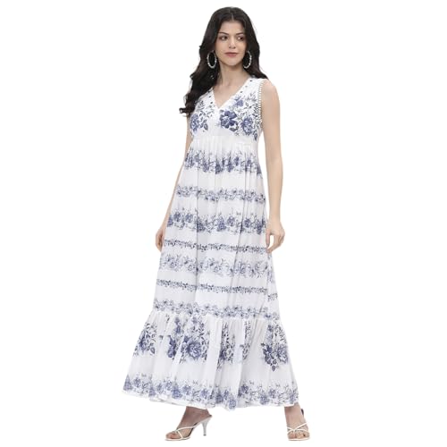 BIBA Women Off-White-Blue Cotton Tiered Printed Dress_36