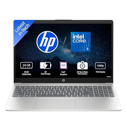 HP 15 Laptop, Intel (14th Gen) Core 5 120U (24GB DDR5, 512GB SSD), Micro-Edge, Anti-Glare, 15.6''/39.6cm, Win11, M365* Office24, Silver, 1.59kg, fd0262TU, FHD Camera, Backlit, Dual Speakers