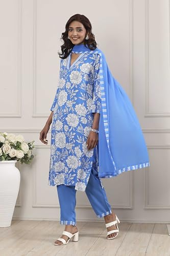 Biba Women Blue Viscose Rayon Straight Suit Set_32