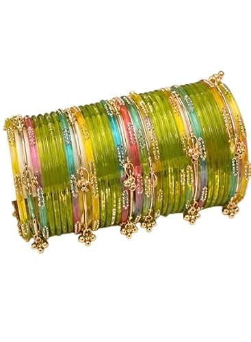 MEHNDI Colour Jelly Glass Bangles Set with Gold-Tone Floral Charms, Kashmiri bangles.