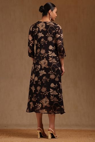 Soch Womens Black Chinon Floral Print Dress with Cutdana