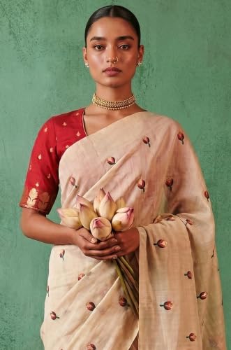Label Aarna Women's Red-Beige Cotton Saree with Unstitched Blouse Piece | Woven | Floral Design | Traditional Occasion Wear