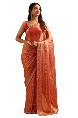 Soch Womens Peach Fendy Organza Stone Work Embellished Saree