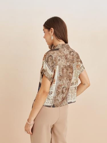 Latin Quarters Women's Beige Collar Neck Short Sleeves Printed Casual Shirt_L