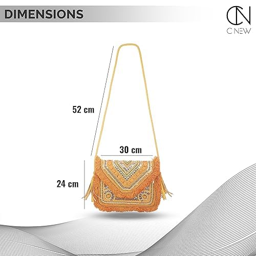 BAGUZZI Jute Coin Embellished Handmade Sling Bag for Women - Stylish, Trendy, Antique, Casual Crossbody Bag with Detachable Chain, Magnetic Closure,Mustard