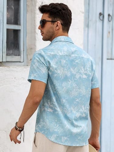 VastraVibes Men’s Tropical Printed Casual Shirt | Slim Fit Short Sleeve Summer Shirt | Lightweight Breathable Fabric | Beach & Vacation Wear (in, Alpha, L, Regular, Sky Blue)
