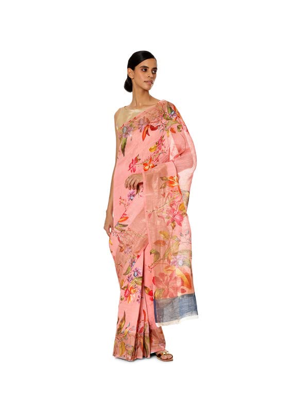 Satya Paul Pink Rose Banarasi Linen Printed Silk Saree for Women