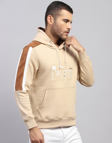 Monte Carlo Men's Regular Fit Solid Pattern Hooded Drawstring Closure Full Sleeve Winter Sweatshirt | Stylish Sweatshirt for Men | Comfortable Casual Winter Wear for Men's Beige XL