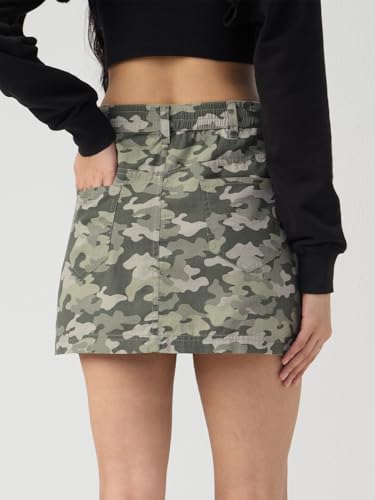 The Souled Store: Desert Olive Women Elastic Back Waistband Camouflage Print Cotton Twill Regular Fit Functional Cargo Pockets Breathable Skirt