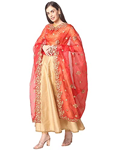 DUPATTA BAZAAR Women's Embroidered Red Glass Tissue Dupatta
