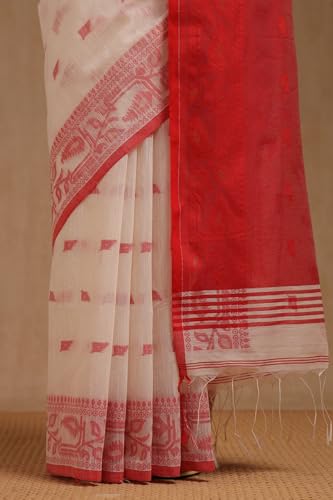Soch Womens White Cotton Woven Design Saree