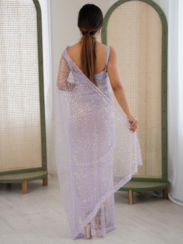 AKHILAM Women's Shimmer Lavendar Net Embellished Saree With Unstitched Blouse Piece (AARYAN20901_KR)
