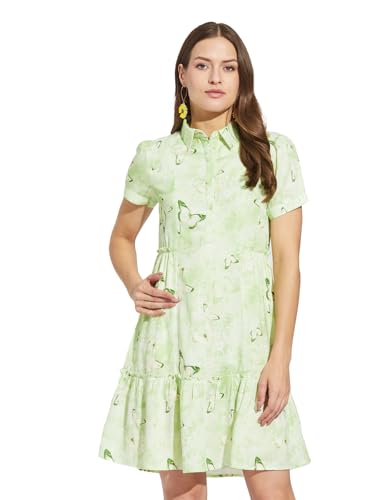 Latin Quarters Women Green Collar Neck Half Sleeves Printed Above Knee Shirt Dress for Casual Wear_L
