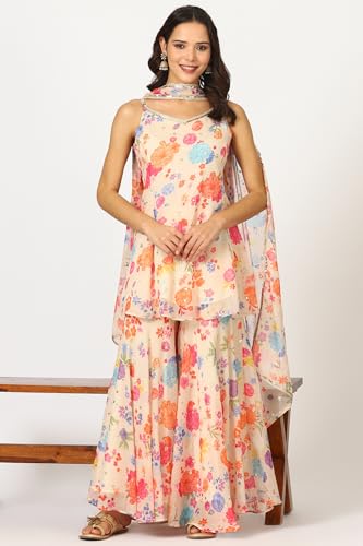 W for Woman Off-White Floral Printed Sleeveless Flared Chiffon Kurta and Sharara Set with Dupatta (Size: 2XL)-24AUWS12585-124166